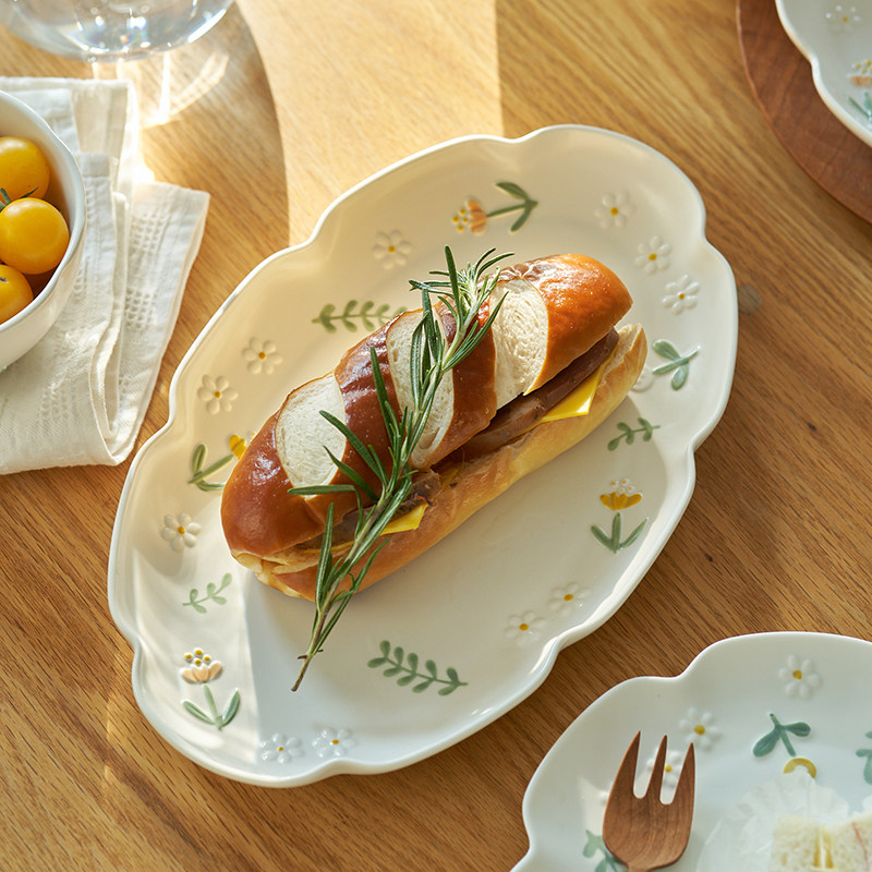 肆月小清新浮雕家用鱼盘椭圆形盘子陶瓷餐具蒸鱼盘装鱼餐盘高级感,餐饮具,盘,淘宝优惠券,粉丝福利购,淘宝优惠卷