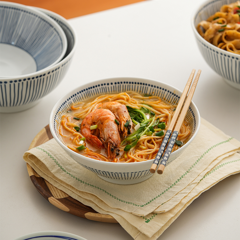 肆月日式简约大碗条纹面碗釉下彩