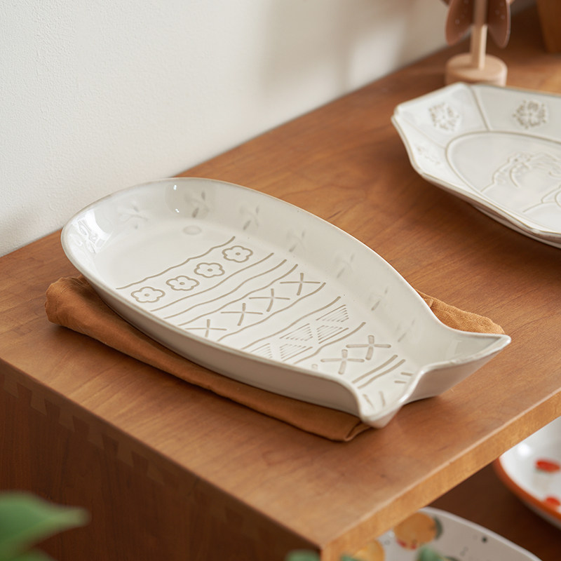 肆月日式猫咪鱼盘高颜值家用陶瓷好看加深蒸鱼装鱼的盘子大号餐盘,餐饮具,盘,淘宝优惠券,粉丝福利购,淘宝优惠卷