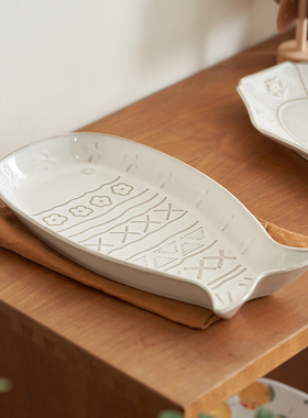 肆月日式猫咪鱼盘高颜值家用陶瓷好看加深蒸鱼装鱼的盘子大号餐盘