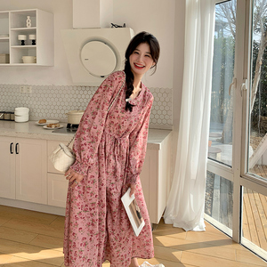 法式复古粉色碎花连衣裙女2025春秋新款温柔风收腰显瘦茶歇长裙子,女装连衣裙,浙宝178