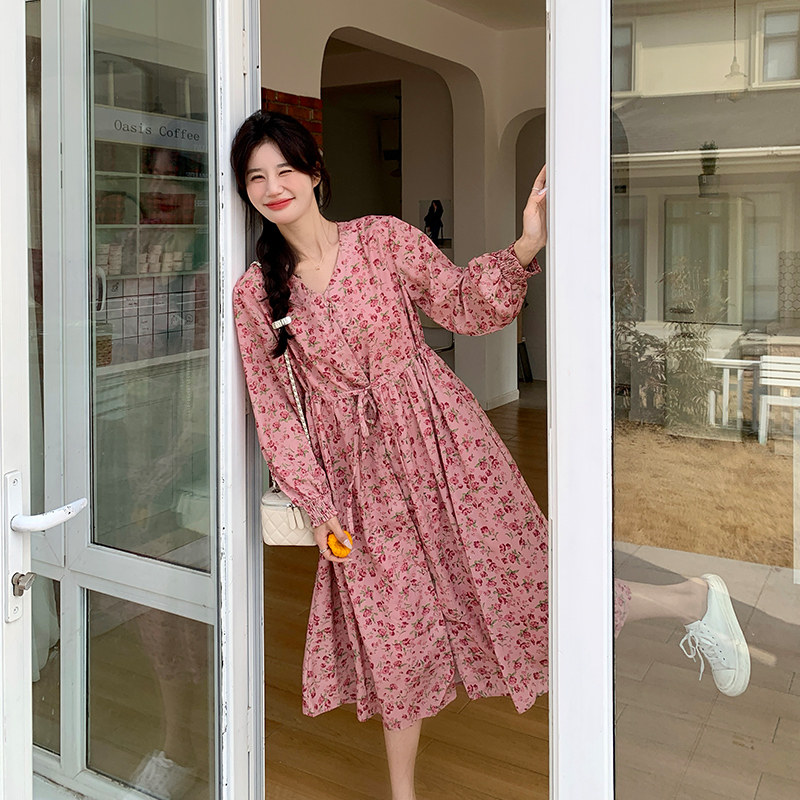 法式复古粉色碎花连衣裙女2025春秋新款温柔风收腰显瘦茶歇长裙子,女装连衣裙,浙宝178