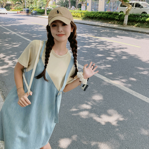 超好看韩系牛仔拼接连衣裙女夏小个子学院风t恤裙假两件森系爆款