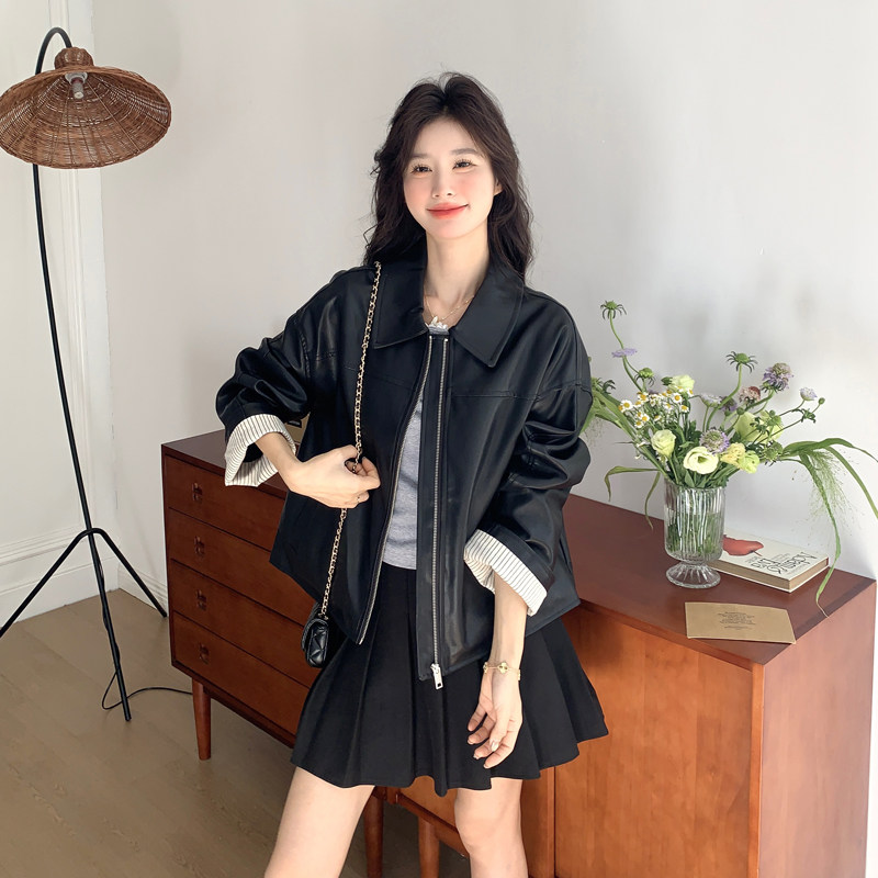 黑色短款皮衣外套女春秋2025新款减龄小个子独特漂亮设计感PU夹克，女装皮衣，浙宝178