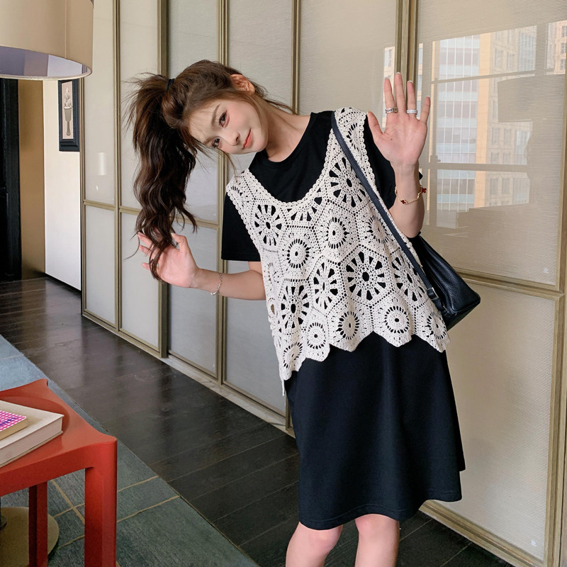 韩版宽松黑色T恤连衣裙女2025新款夏季搭配一整套蕾丝马甲图片