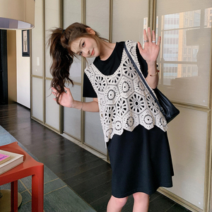 韩版宽松黑色T恤连衣裙女2025新款夏季搭配一整套蕾丝马甲图片