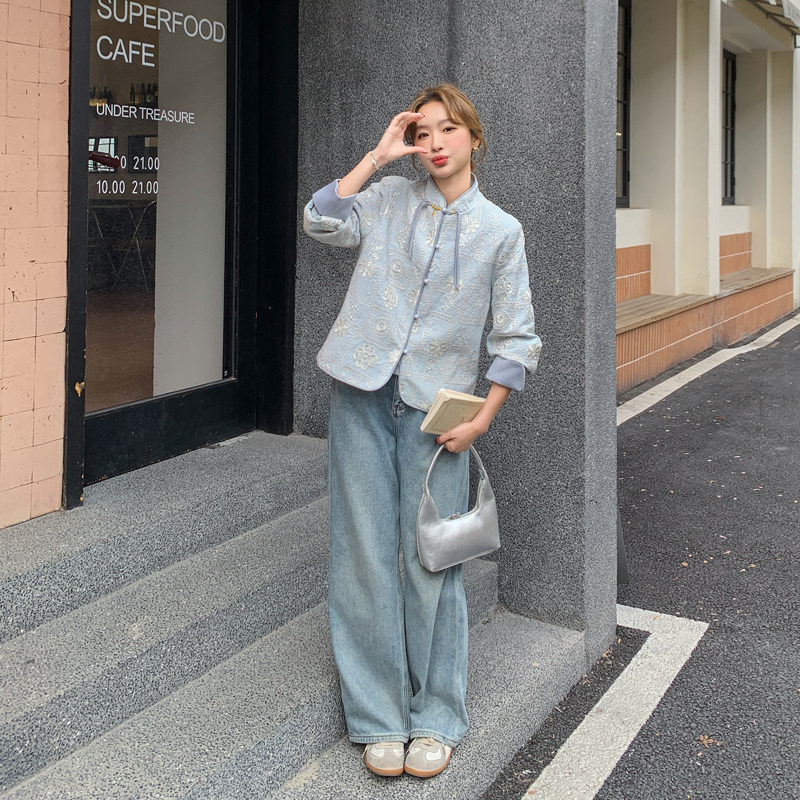 国风新中式高级感提花浅蓝色短外套2025新款今年流行女装开春穿搭，女装短外套，浙宝178
