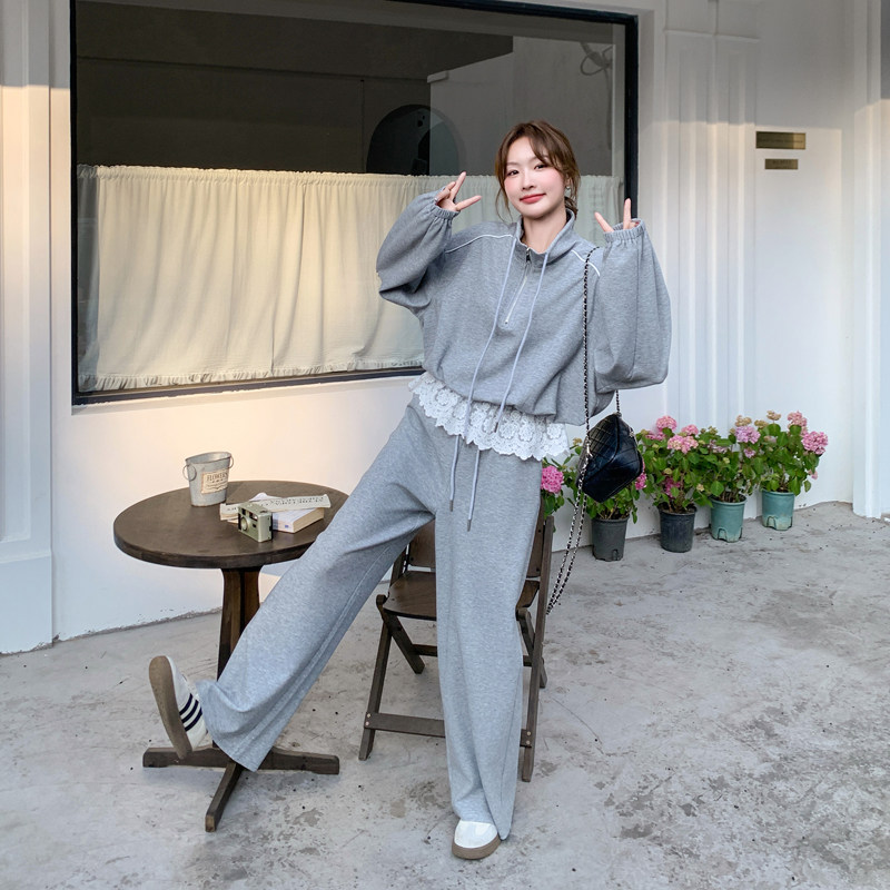 蕾丝拼接卫衣女2025春季新款韩系慵懒风宽松减龄阔腿裤，女装运动套装，浙宝178