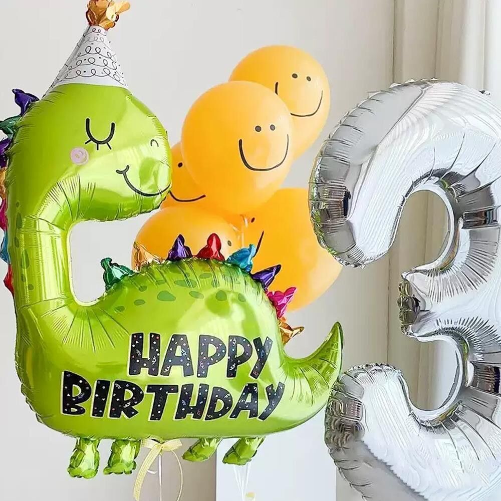 Q版卡通皇冠绿色恐龙气球男孩宝宝儿童生日派对聚会装饰铝膜布置