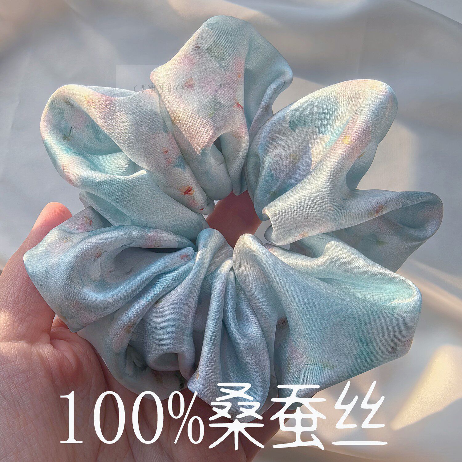 浅樱浮蓝100%桑蚕丝樱花大肠发圈