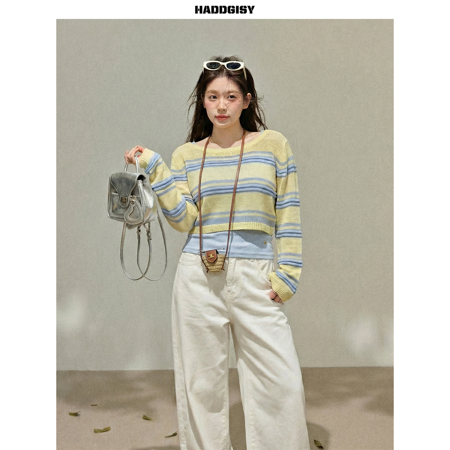 曾小咸大码女装&ldquo;条纹琴谱&rdquo;镂空短款针织罩衫吊带背心胖mm春套装