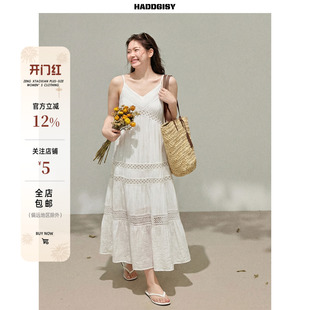 曾小咸大码女装“纯白印记”海边度假白色V领吊带连衣裙胖mm春季