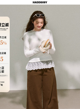 曾小咸大码女装胖mm长袖白色蕾丝内搭可外穿上衣遮肉显瘦2025新款