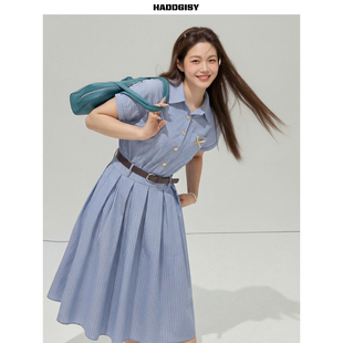 曾小咸大码女装胖mm蓝色条纹连衣裙女夏季巨好看裙子收腰显瘦长裙