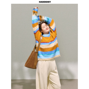 曾小咸大码女装 微胖mm彩色条纹毛衣2025新款冬超好看休闲裤套装