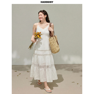 曾小咸大码女装“纯白印记”海边度假白色V领吊带连衣裙胖mm春季