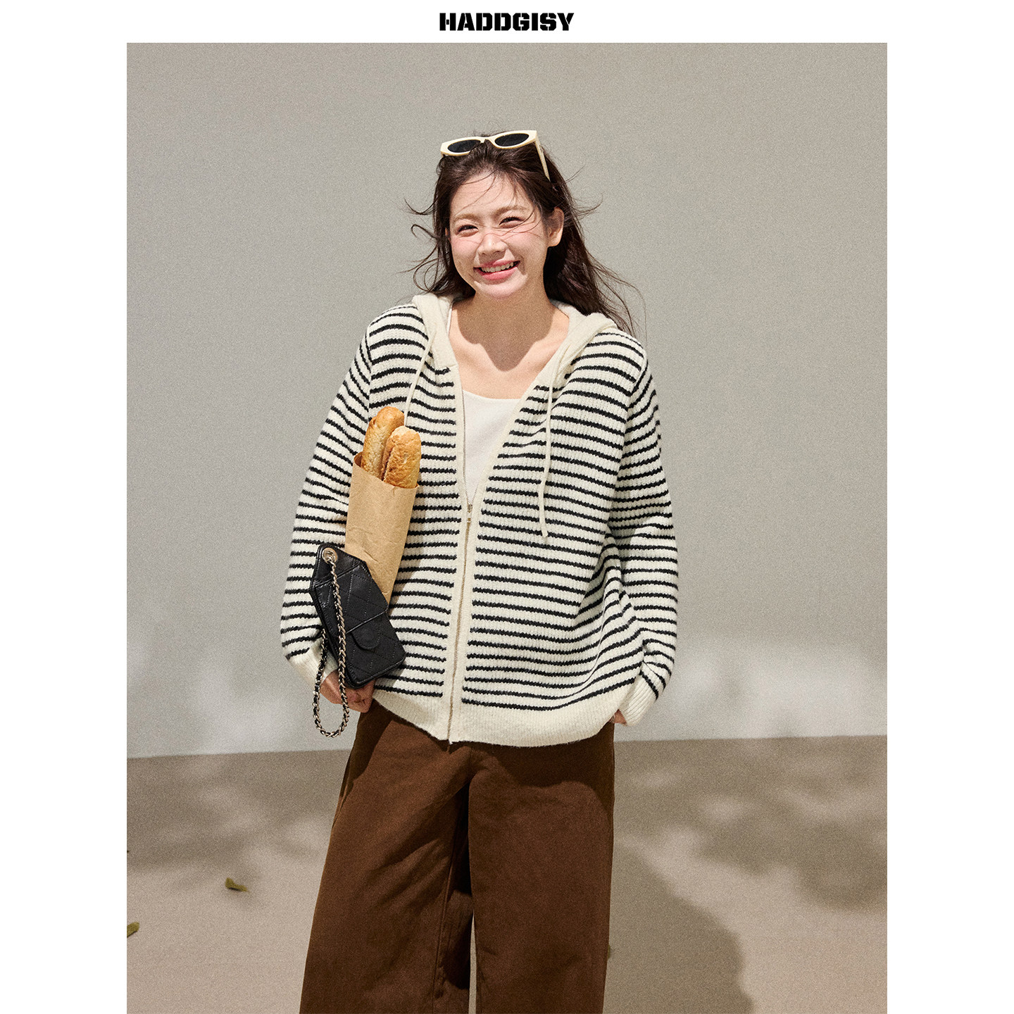 曾小咸大码女装 韩系微胖妹妹mm条纹连帽外套秋冬开衫休闲裤套装