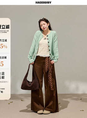 曾小咸大码女装 胖mm薄荷绿色针织毛衣开衫上衣春棕色阔腿裤套装