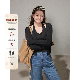 2025超火微胖上衣t恤显瘦搭配 胖mm黑色假两件长袖 曾小咸大码 女装