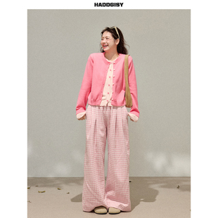 曾小咸大码女装 胖mm粉色假两件针织开衫上衣春季新款休闲裤套装