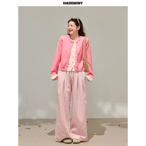 曾小咸大码女装 胖mm粉色假两件针织开衫上衣春季新款休闲裤套装