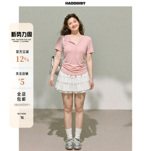 T恤半身裙胖mm春套装 曾小咸大码 粉色v领收腰短袖 青春日志 女装