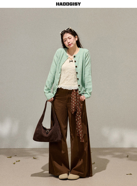 曾小咸大码女装 胖mm薄荷绿色针织毛衣开衫上衣春棕色阔腿裤套装