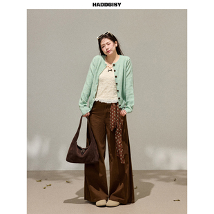 曾小咸大码女装 胖mm薄荷绿色针织毛衣开衫上衣春棕色阔腿裤套装