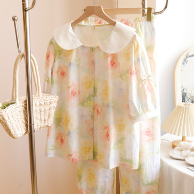 2024夏季新款短袖纯棉睡衣七分袖长裤带胸垫公主风家居服套装