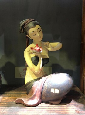 石湾公仔摆件陶瓷古典美女赏花