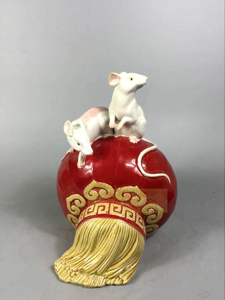 陶瓷工艺品石湾公仔家居装饰品礼品喜庆摆件招财生肖老鼠红灯茏