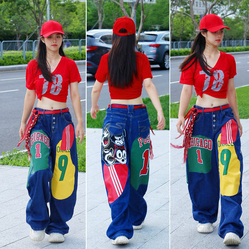 赵露思阔腿牛仔hiphop街舞裤子女