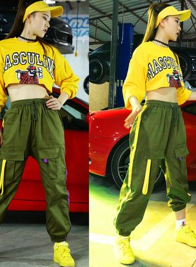 美式高街军绿色工装裤女jazz裤子嘻哈露脐宽松广场舞街舞女演出服