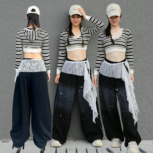 街舞女团表演出服长袖 闪亮秋冬加厚烫钻运动裤 子jazz爵士跳舞套装