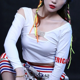 性感跳舞衣服jazz设计感上衣女欧美镂空钻爵士舞服装辣妹长袖短款