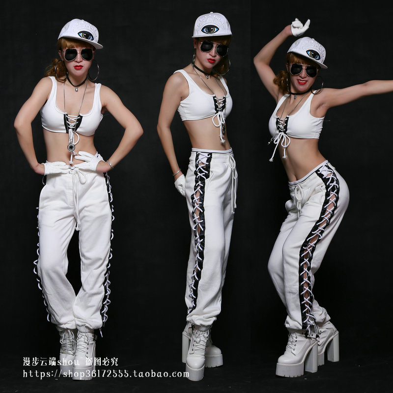 时尚新款性感绑带背心夜店嘻哈女歌手舞台套装jazz表演镂空休闲裤