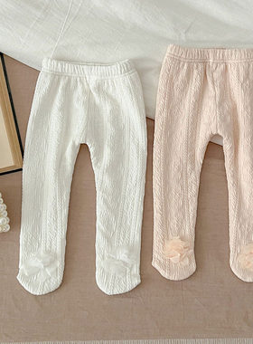 婴幼童冬季2023新品韩版打底连脚袜裤花朵棉质加绒女童连体打底裤