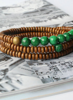 绿檀多圈玛瑙复古文艺风佛珠项链
