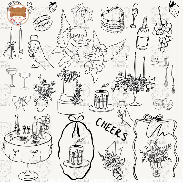 线描婚礼蛋糕烛台酒杯丘比特天使边框婚礼元素插画矢量png计素材,商务/设计服务,设计素材/源文件,淘宝优惠券,粉丝福利购,淘宝优惠卷
