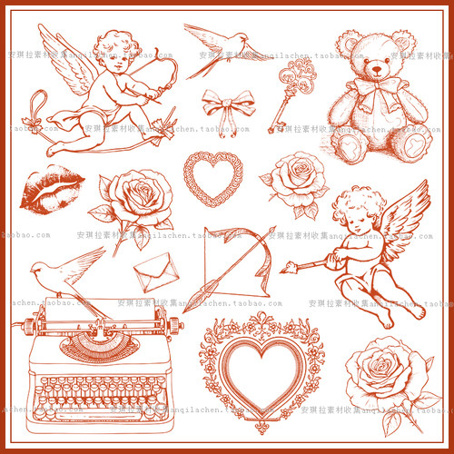 复古Vintage线描情人节丘比特爱心玩具熊海报装饰png+矢量素材
