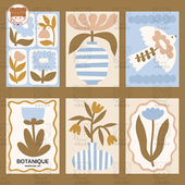 复古北欧卡其色小鸟花卉花瓶元 饰画画芯矢量素材 素组合插画装