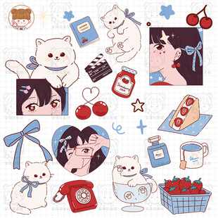韩系少女小白猫星星樱桃草莓装 素免抠png设计素材 饰美化海报元