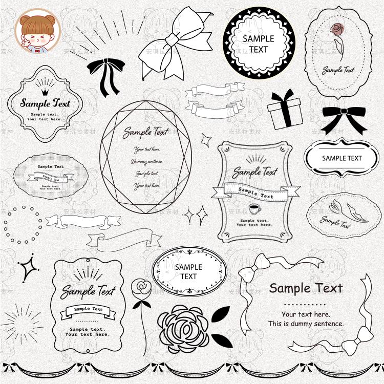 日系手绘涂鸦线描标签蝴蝶结欧式边框海报卡片装饰矢量png素材