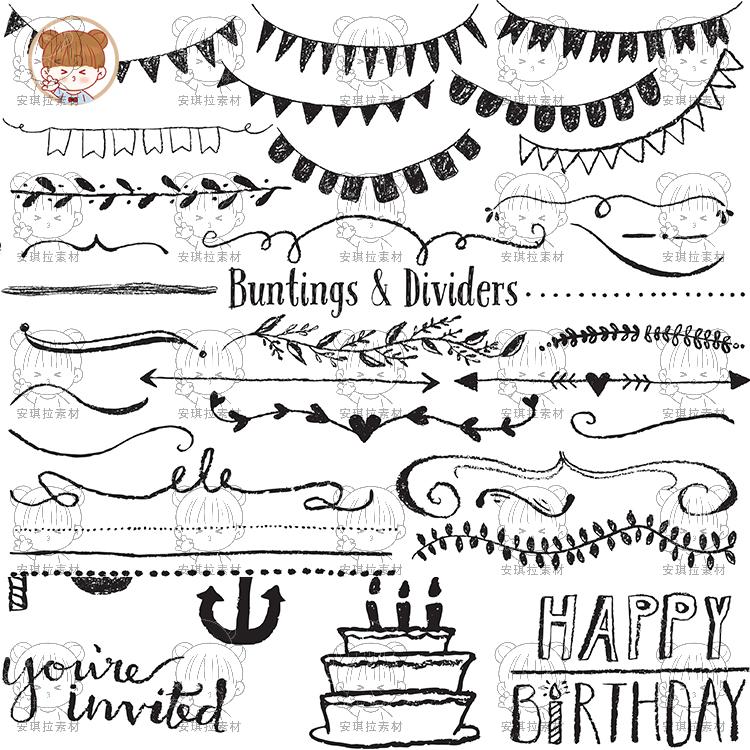 黑白手绘线描涂鸦欧式海报卡片装饰边框分割线ai矢量psd设计素材