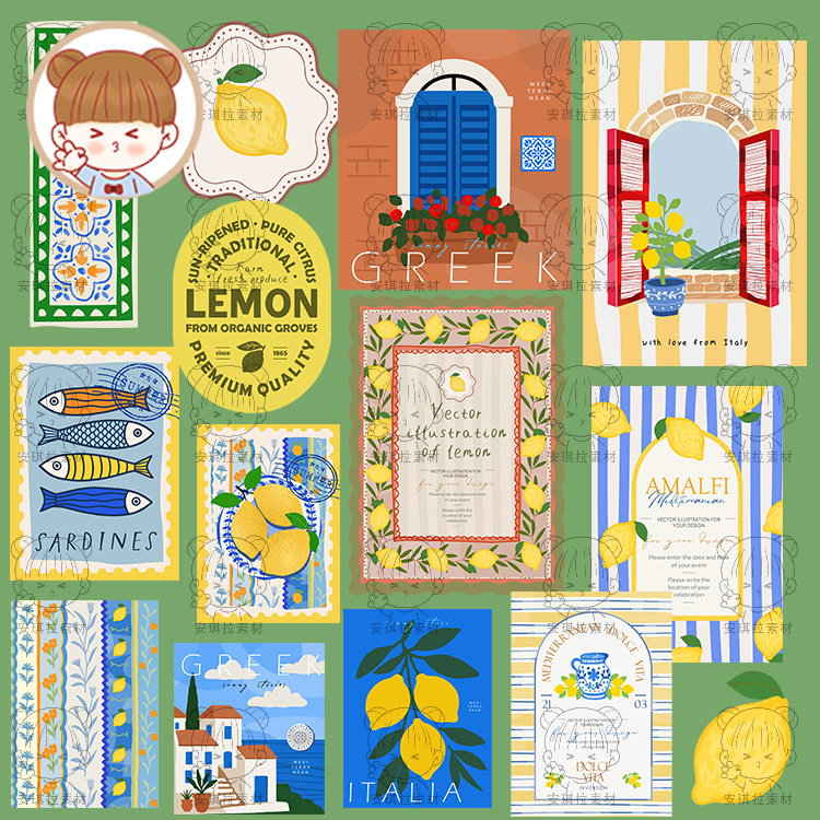 地中海意式复古柠檬主题建筑邮票元素海报插画矢量AI素材