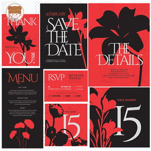 复古简约红色黑色搭配花卉剪影婚礼邀请函psd设计素材
