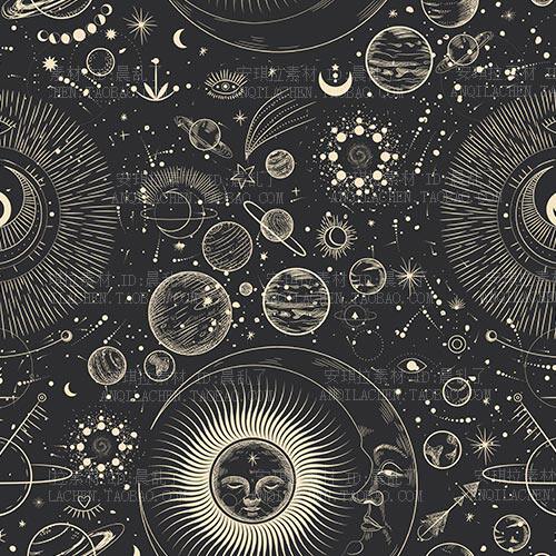 金色黑底神秘宇宙星月星盘几何图案地毯方巾印刷矢量EPS设计素材