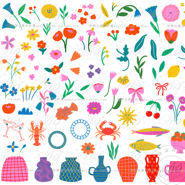 北欧童趣鲜艳色彩花朵植物叶子元素矢量AI+png设计素材