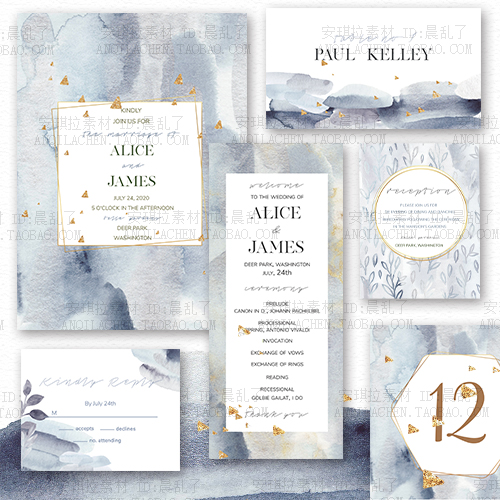 绝美手绘水彩水墨蓝色婚礼邀请函请柬卡片设计素材psd模板