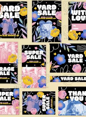 复古黑色背景时尚花卉感谢卡海报卡片psd设计素材